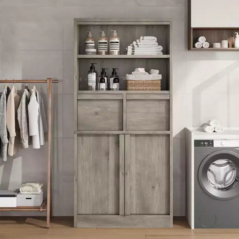 Tall Storage Cabinet with Open Shelves, Drawers and Enclosed Cabinet