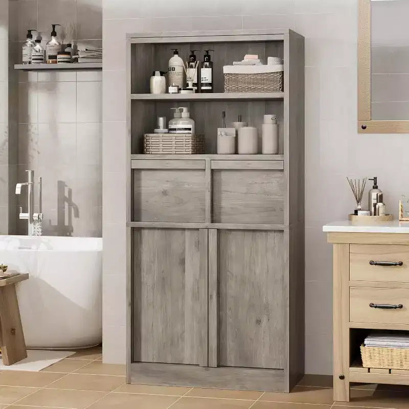 Tall Storage Cabinet with Open Shelves, Drawers and Enclosed Cabinet