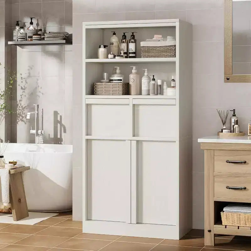 Tall Storage Cabinet with Open Shelves, Drawers and Enclosed Cabinet