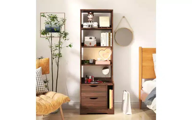 4-Tier Open Bookshelf with 2 Drawers and Storage Cabinet
