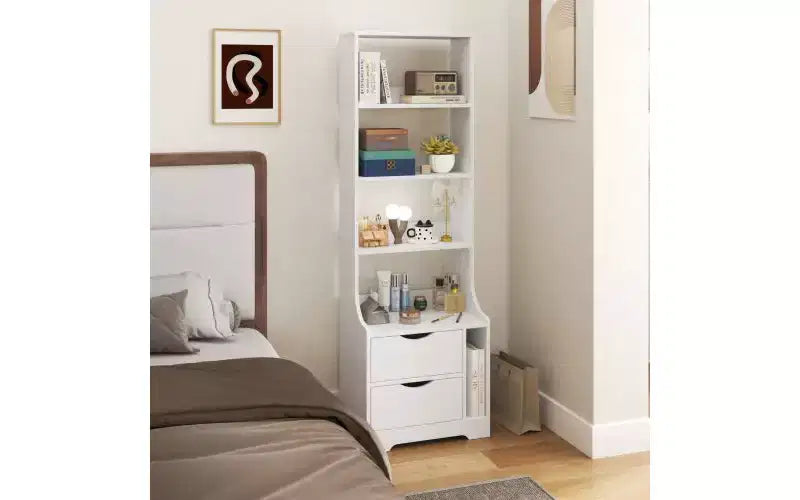 4-Tier Open Bookshelf with 2 Drawers and Storage Cabinet