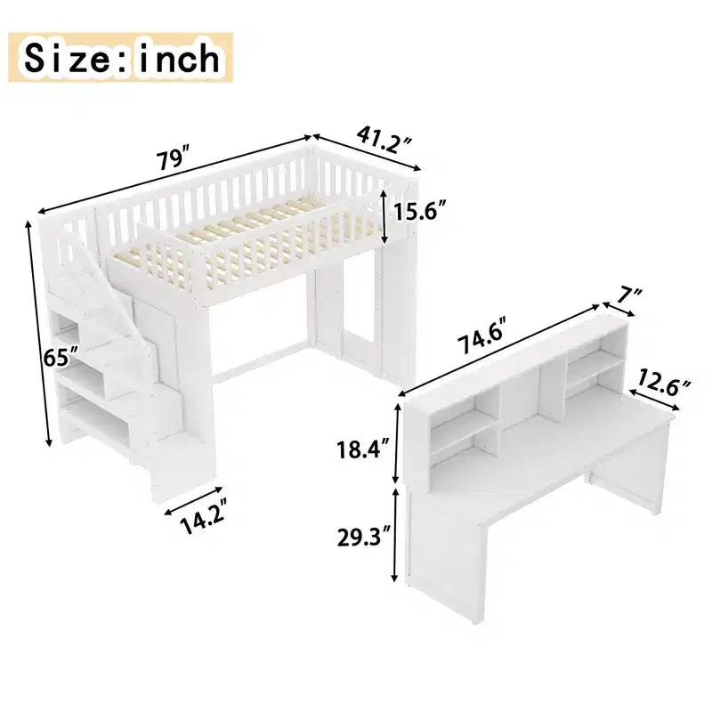 Twin Loft Bed with Movable Desk, Storage Stairs & Shelf – No Box Spring Required