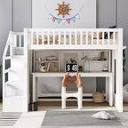 Twin Loft Bed with Movable Desk, Storage Stairs & Shelf – No Box Spring Required