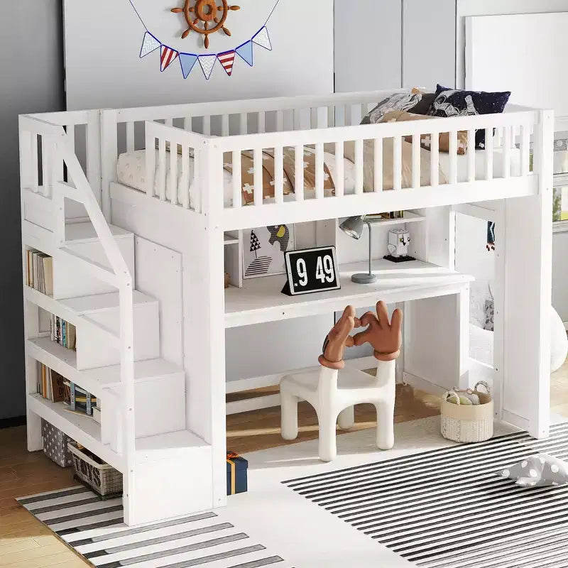 Twin Loft Bed with Movable Desk, Storage Stairs & Shelf – No Box Spring Required