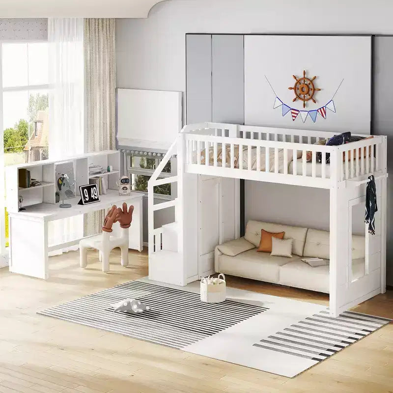 Twin Loft Bed with Movable Desk, Storage Stairs & Shelf – No Box Spring Required