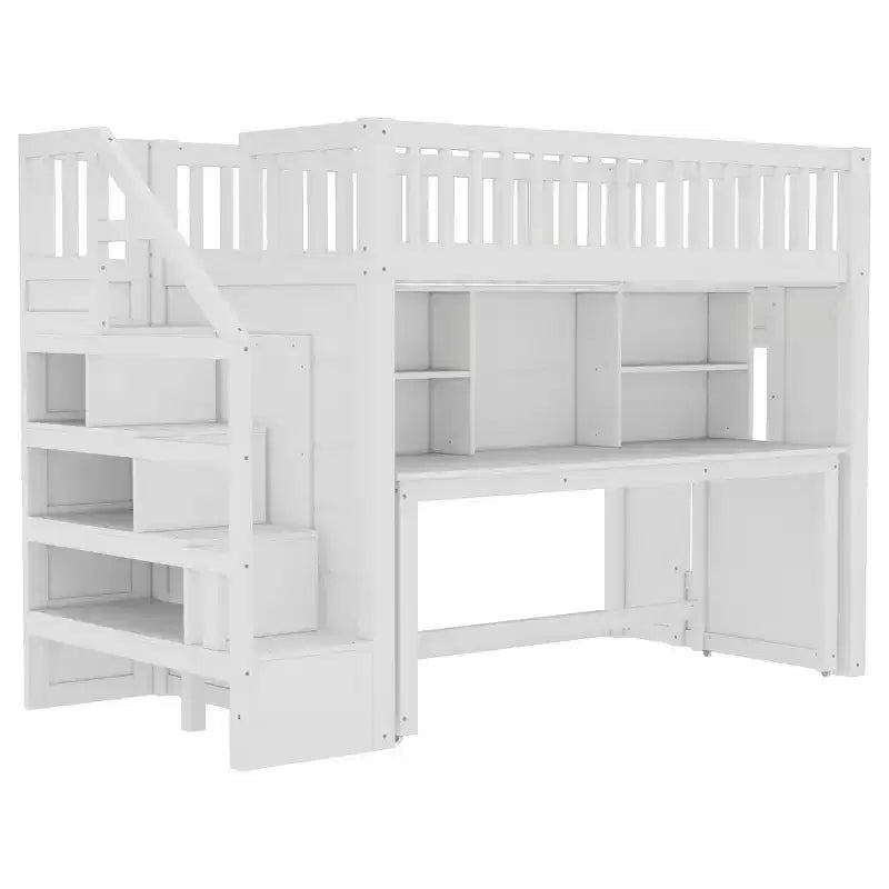 Twin Loft Bed with Movable Desk, Storage Stairs & Shelf – No Box Spring Required