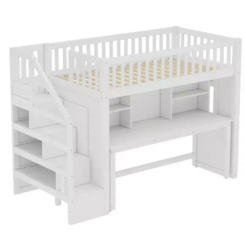 Twin Loft Bed with Movable Desk, Storage Stairs & Shelf – No Box Spring Required