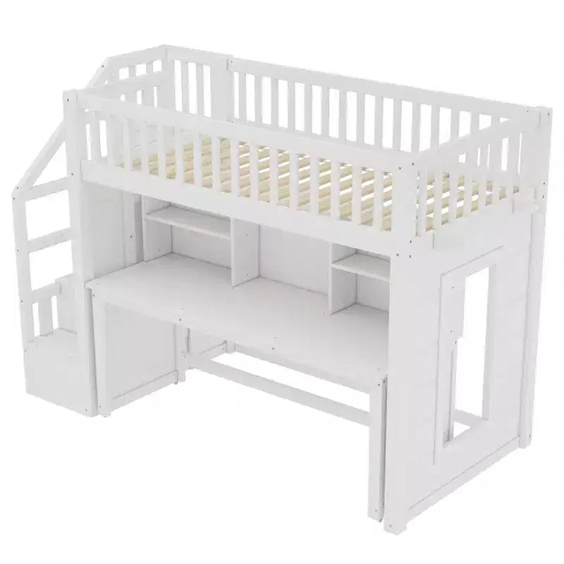 Twin Loft Bed with Movable Desk, Storage Stairs & Shelf – No Box Spring Required