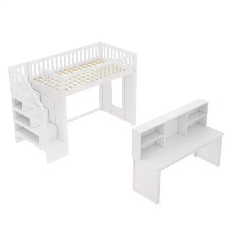 Twin Loft Bed with Movable Desk, Storage Stairs & Shelf – No Box Spring Required