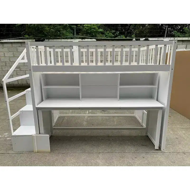 Twin Loft Bed with Movable Desk, Storage Stairs & Shelf – No Box Spring Required