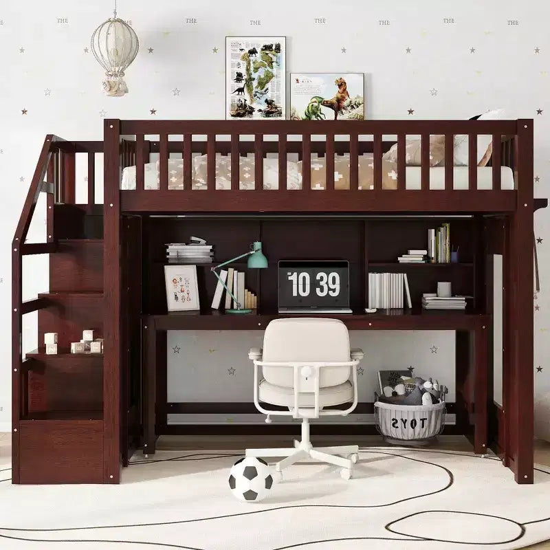 Twin Loft Bed with Movable Desk, Storage Stairs & Shelf – No Box Spring Required