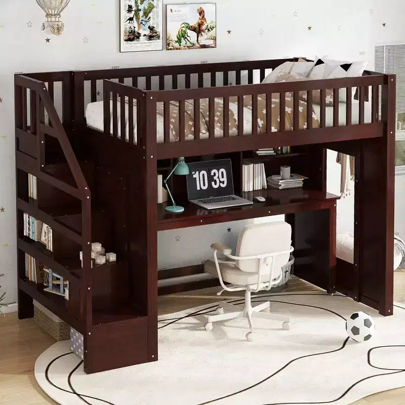 Twin Loft Bed with Movable Desk, Storage Stairs & Shelf – No Box Spring Required