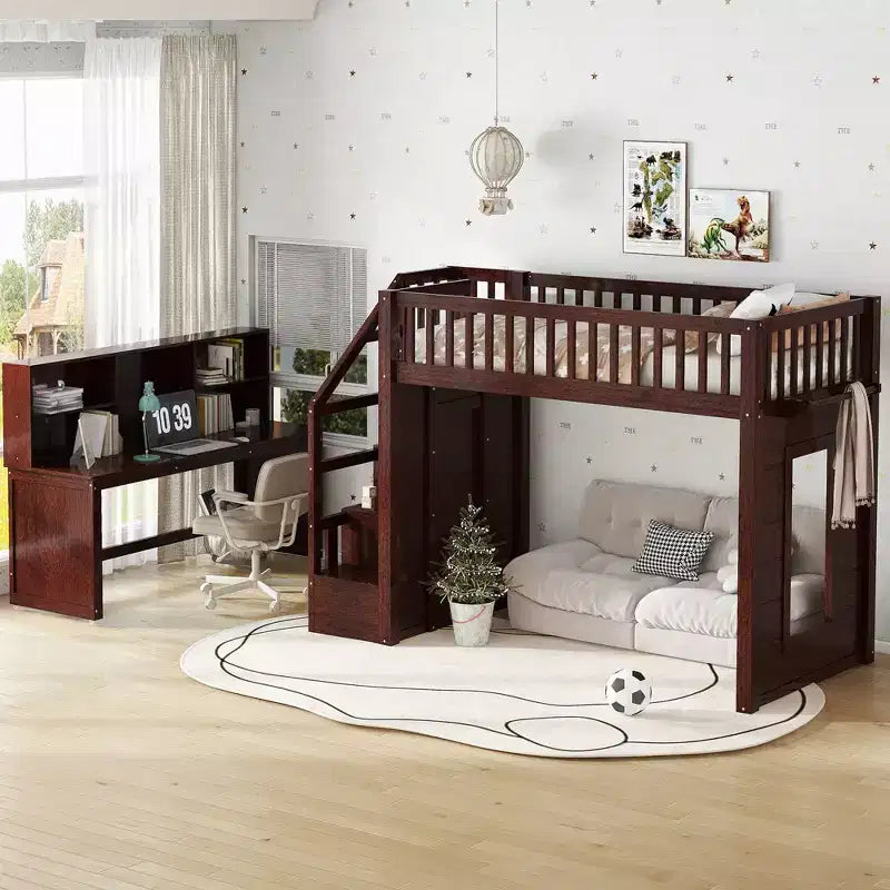 Twin Loft Bed with Movable Desk, Storage Stairs & Shelf – No Box Spring Required