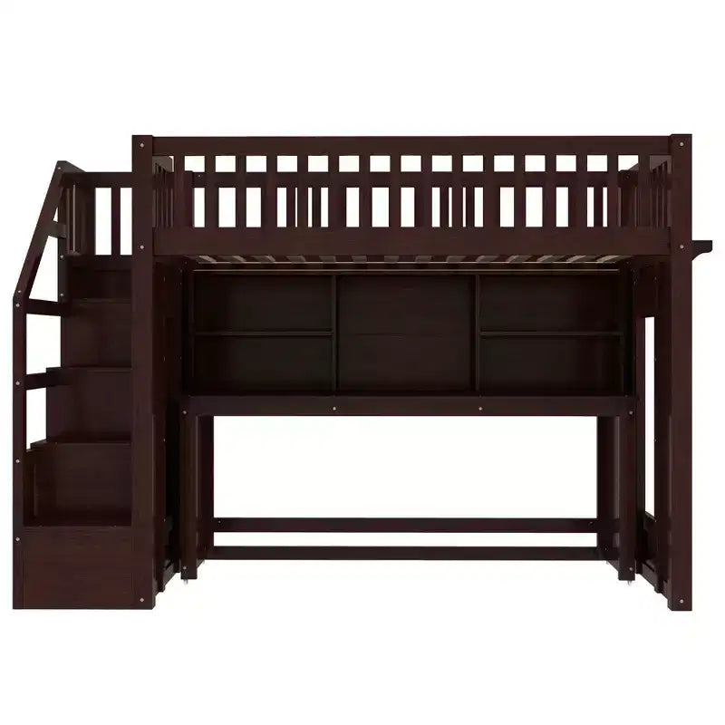 Twin Loft Bed with Movable Desk, Storage Stairs & Shelf – No Box Spring Required