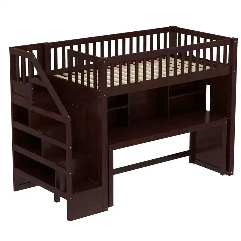 Twin Loft Bed with Movable Desk, Storage Stairs & Shelf – No Box Spring Required