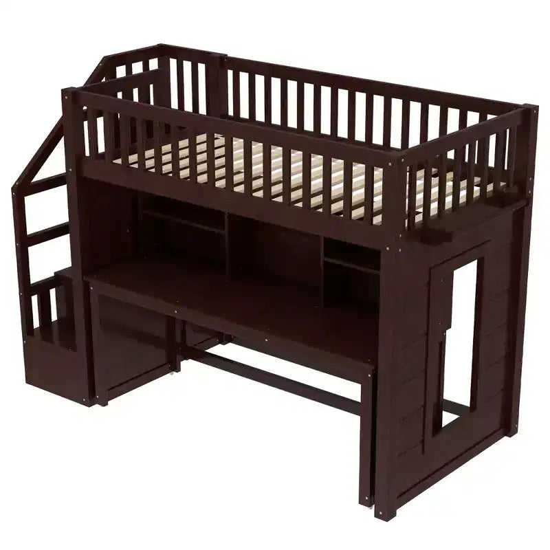 Twin Loft Bed with Movable Desk, Storage Stairs & Shelf – No Box Spring Required