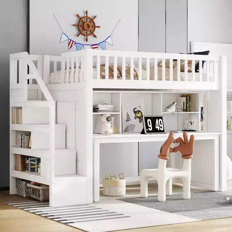 Twin Loft Bed with Movable Desk, Storage Stairs & Shelf – No Box Spring Required