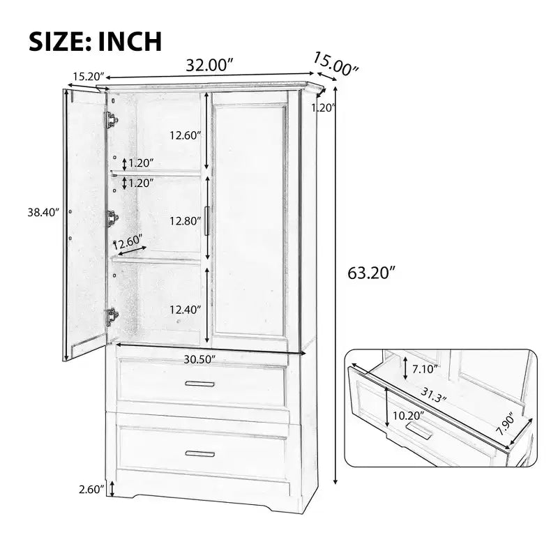 Tall Bathroom Storage Cabinet with 2 Doors, 2 Drawers and Adjustable Shelf, MDF