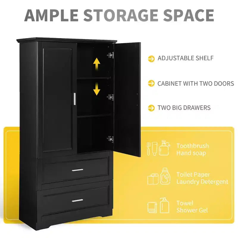 Tall Bathroom Storage Cabinet with 2 Doors, 2 Drawers and Adjustable Shelf, MDF