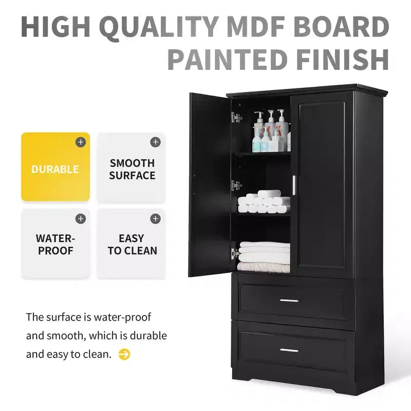 Tall Bathroom Storage Cabinet with 2 Doors, 2 Drawers and Adjustable Shelf, MDF