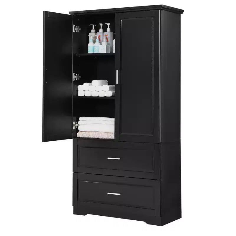 Tall Bathroom Storage Cabinet with 2 Doors, 2 Drawers and Adjustable Shelf, MDF