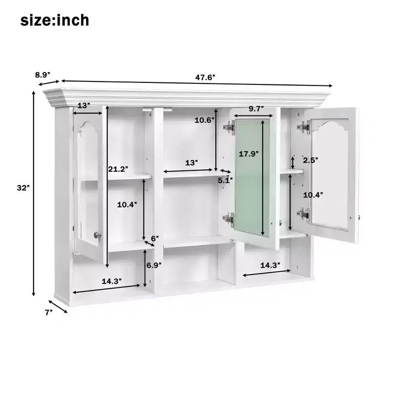 47 Inch Wall Mounted Cabinet with Mirror and Storage Shelves