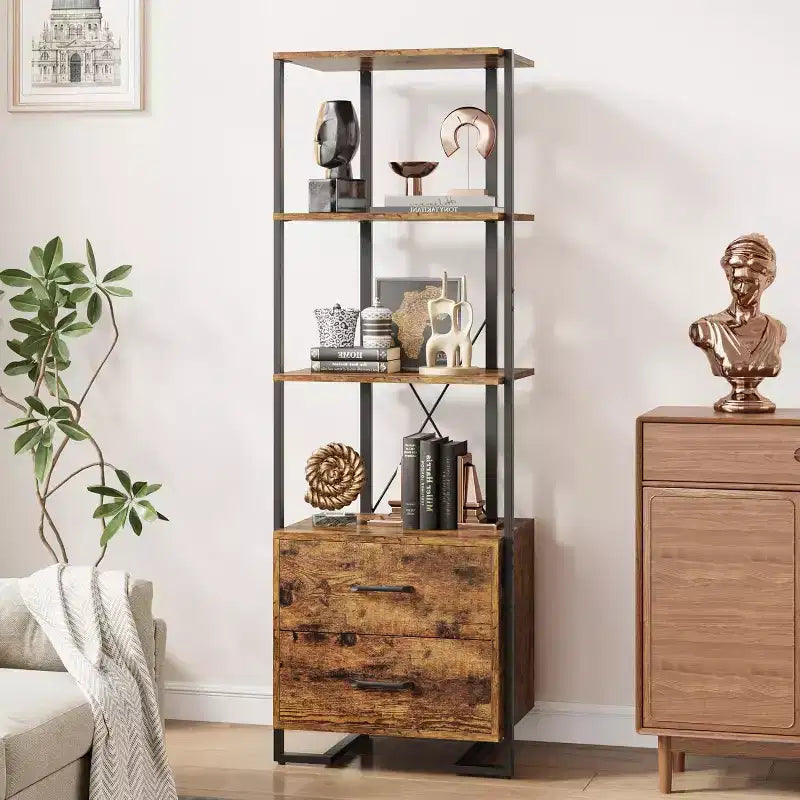 4-Shelf Bookcase with 2 Storage Drawers, 70.9 Inch Tall Open Display Shelf