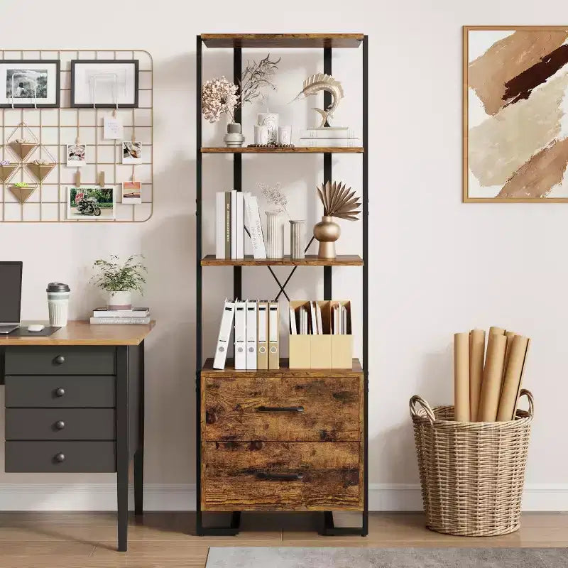 4-Shelf Bookcase with 2 Storage Drawers, 70.9 Inch Tall Open Display Shelf