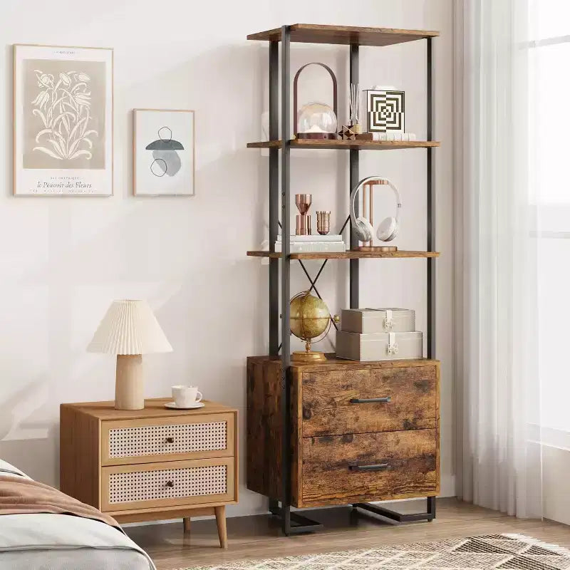 4-Shelf Bookcase with 2 Storage Drawers, 70.9 Inch Tall Open Display Shelf