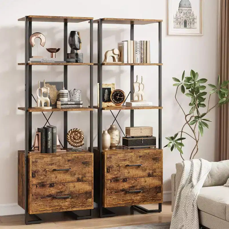 4-Shelf Bookcase with 2 Storage Drawers, 70.9 Inch Tall Open Display Shelf