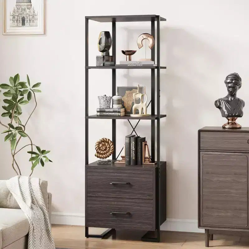 4-Shelf Bookcase with 2 Storage Drawers, 70.9 Inch Tall Open Display Shelf