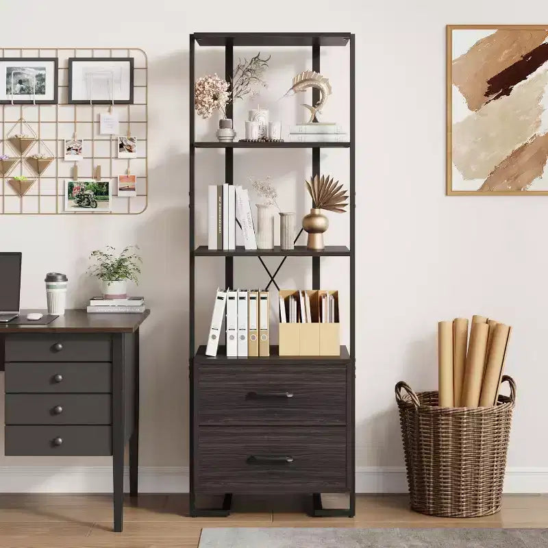 4-Shelf Bookcase with 2 Storage Drawers, 70.9 Inch Tall Open Display Shelf