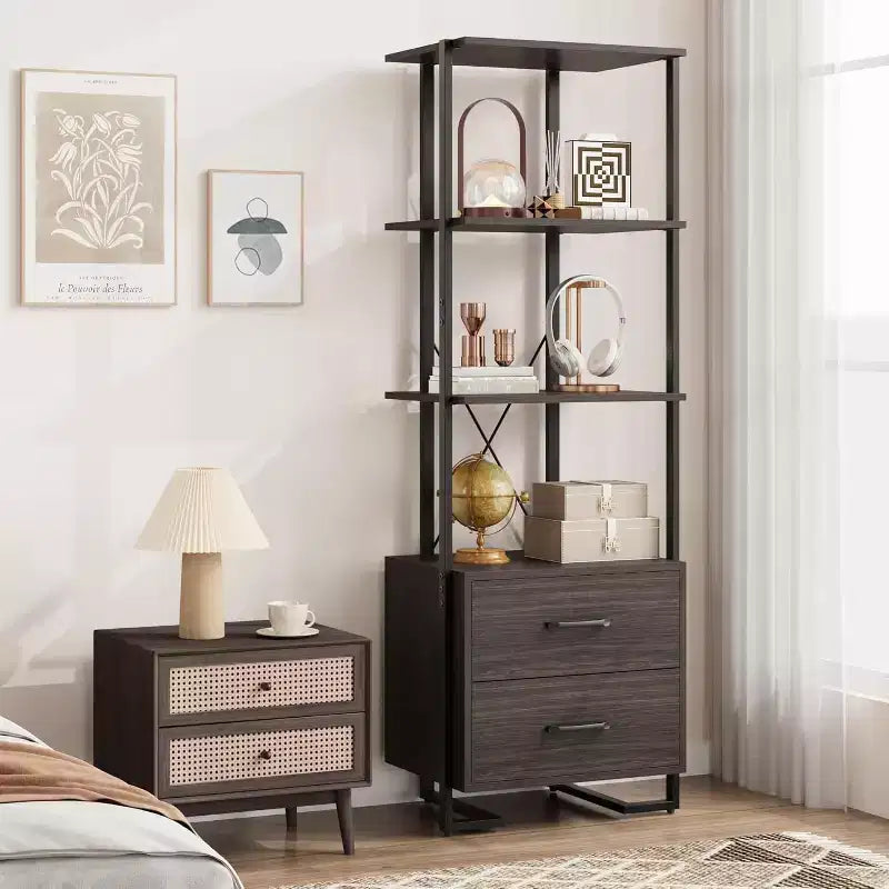 4-Shelf Bookcase with 2 Storage Drawers, 70.9 Inch Tall Open Display Shelf