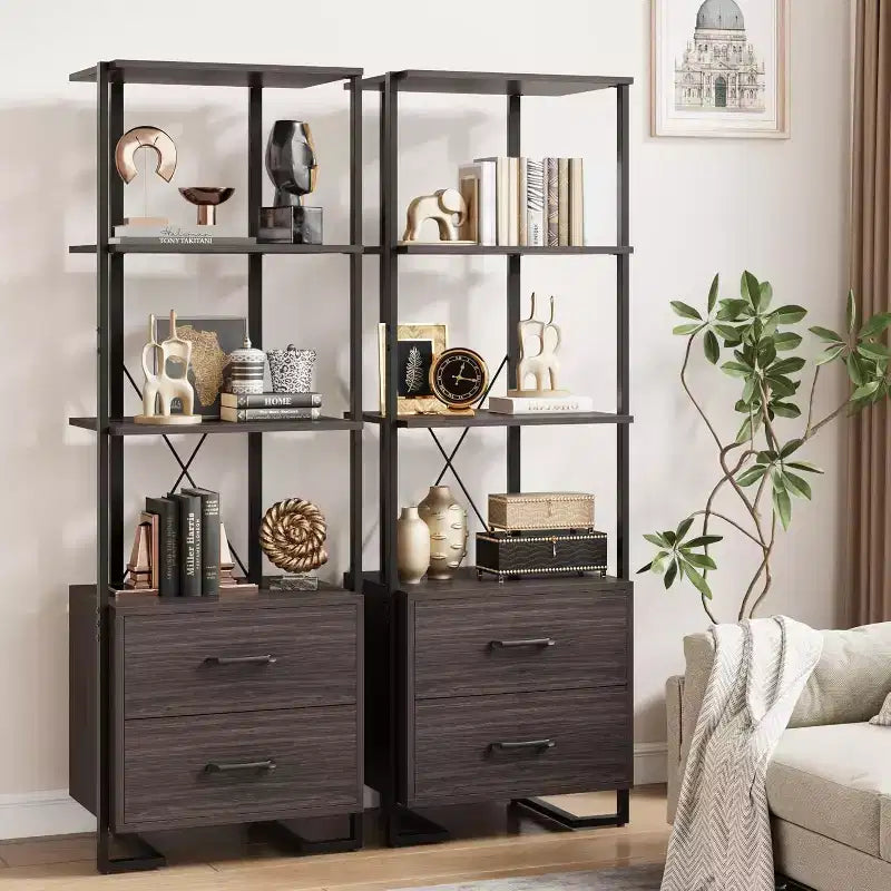 4-Shelf Bookcase with 2 Storage Drawers, 70.9 Inch Tall Open Display Shelf