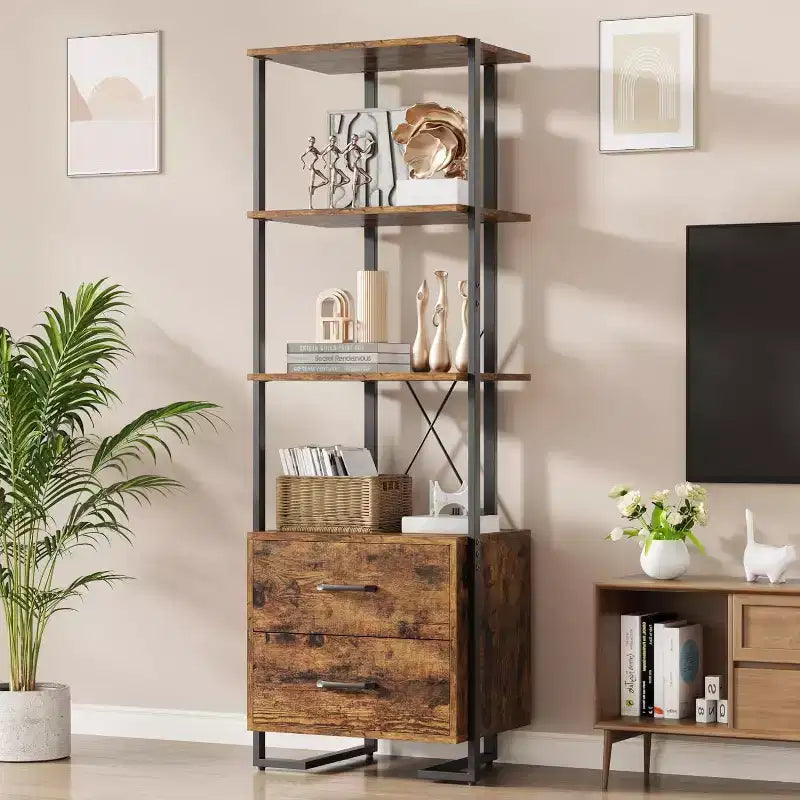4-Shelf Bookcase with 2 Storage Drawers, 70.9 Inch Tall Open Display Shelf