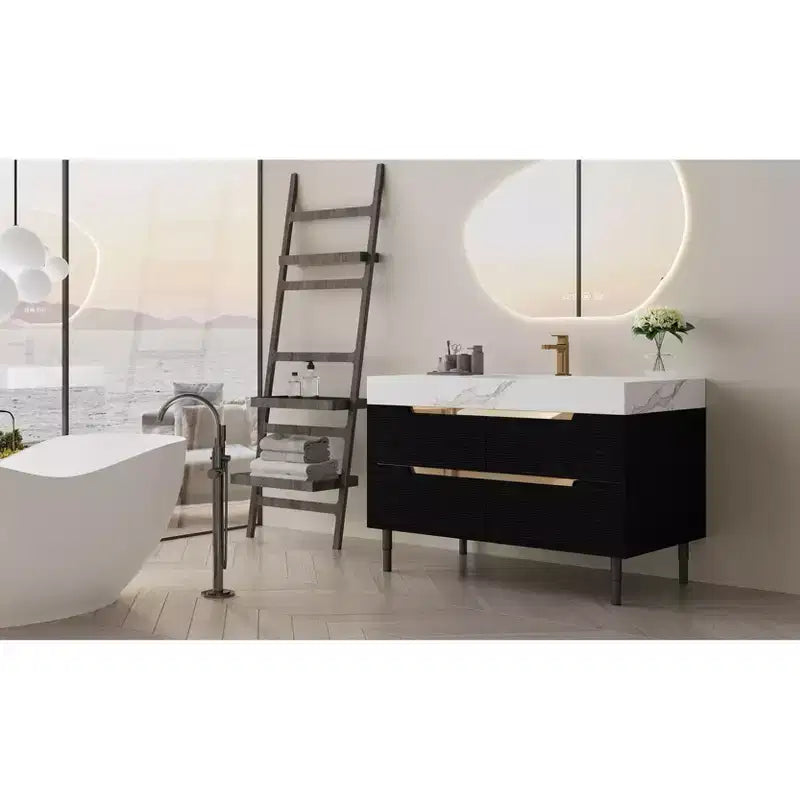 35.4" Bathroom Vanity with Undermount Sink, Sintered Stone Countertop, 4-Drawer Cabinet, Black and White