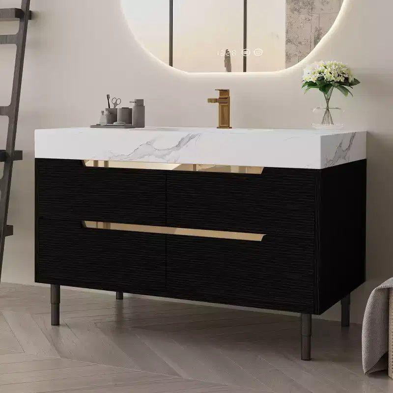 35.4" Bathroom Vanity with Undermount Sink, Sintered Stone Countertop, 4-Drawer Cabinet, Black and White