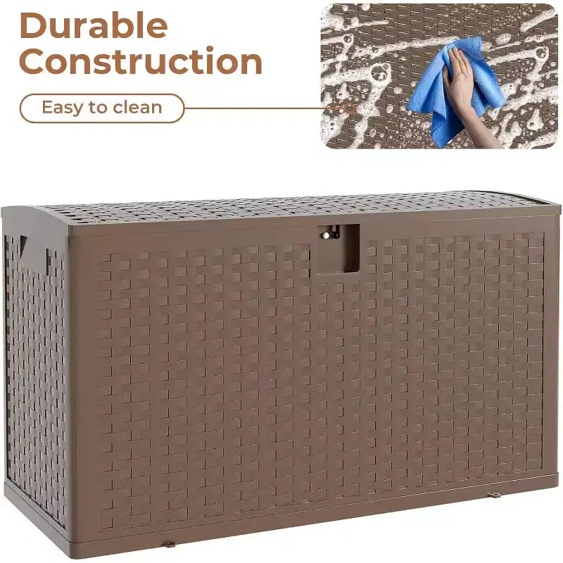 99-Gallon Rattan Pattern Plastic Deck Box with Seat Function – Brown