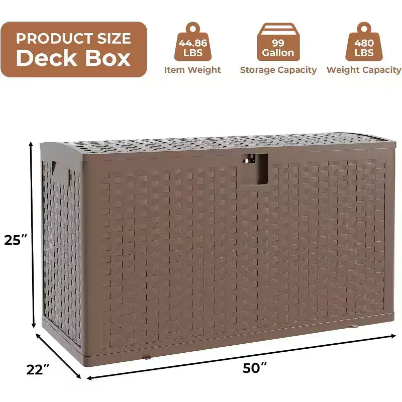 99-Gallon Rattan Pattern Plastic Deck Box with Seat Function – Brown