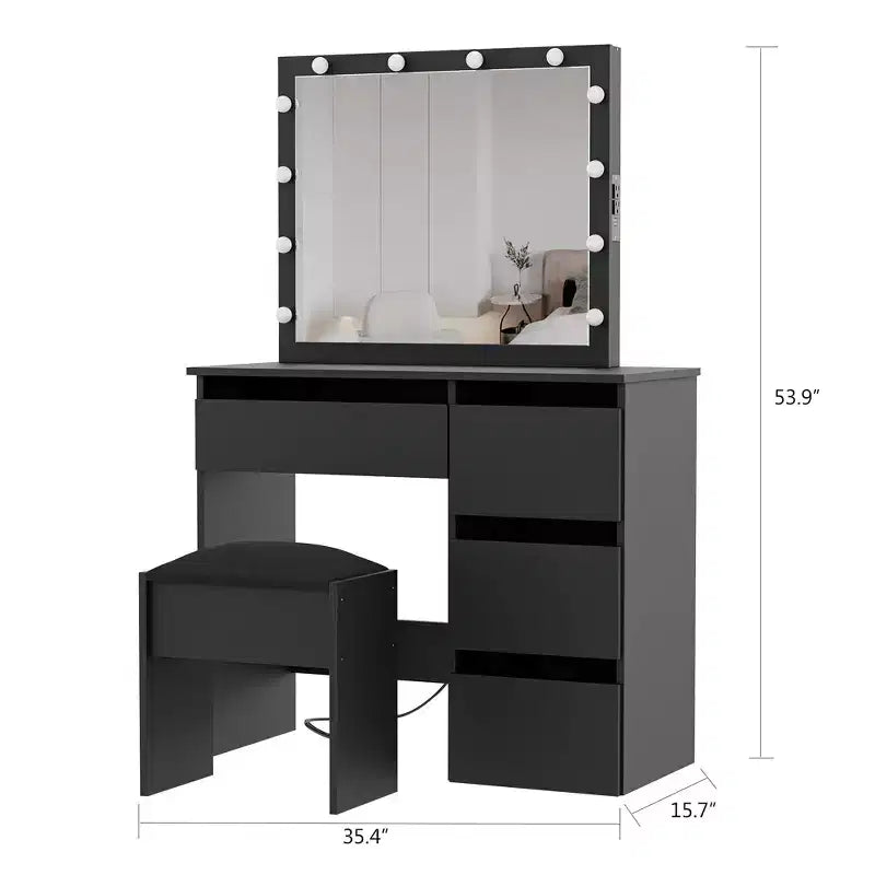 Vanity Bench with Soft Padded Cushion, Makeup Stool, Sturdy Seat for Bedroom and Dressing Room, Black