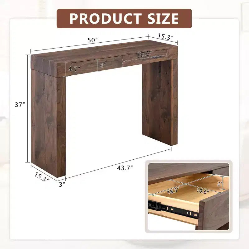 Wood Grain Texture Veneer Console Table with 2 Drawers – Farmhouse Sofa Table for Living Room & Hallway