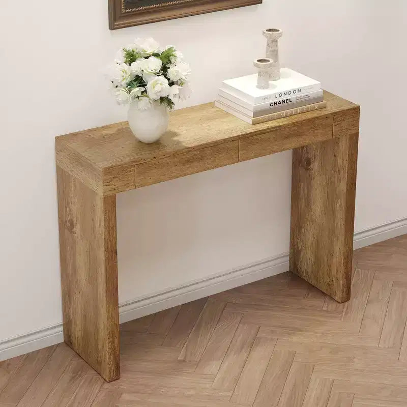 Wood Grain Texture Veneer Console Table with 2 Drawers – Farmhouse Sofa Table for Living Room & Hallway