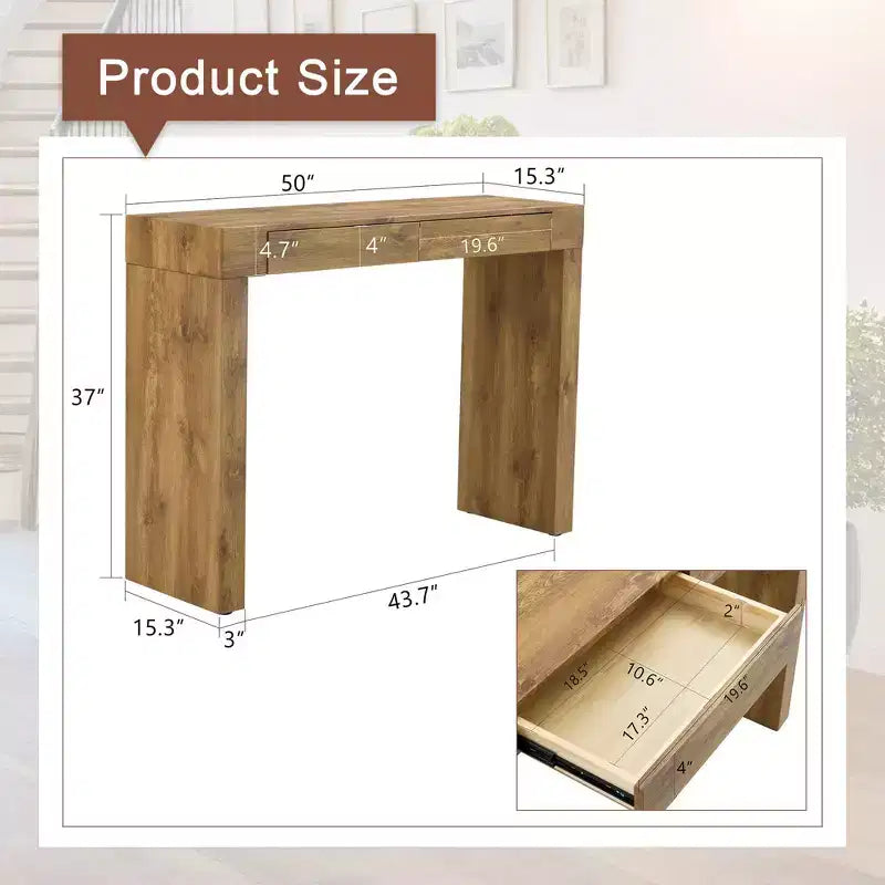 Wood Grain Texture Veneer Console Table with 2 Drawers – Farmhouse Sofa Table for Living Room & Hallway