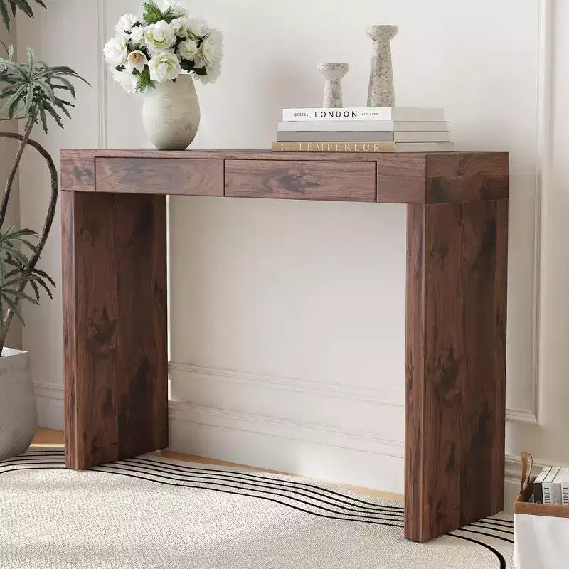 Wood Grain Texture Veneer Console Table with 2 Drawers – Farmhouse Sofa Table for Living Room & Hallway