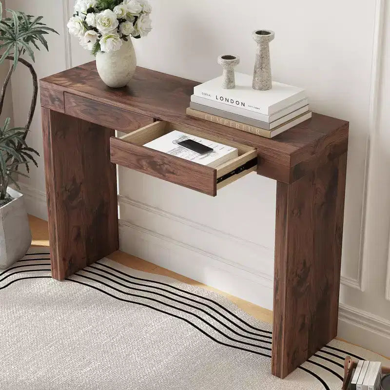Wood Grain Texture Veneer Console Table with 2 Drawers – Farmhouse Sofa Table for Living Room & Hallway