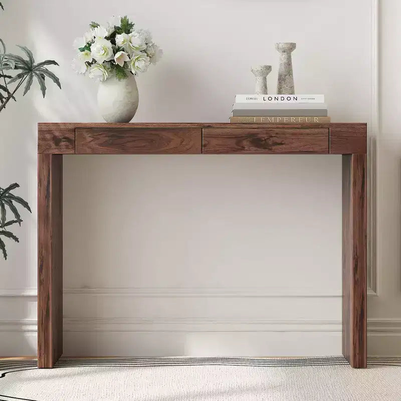 Wood Grain Texture Veneer Console Table with 2 Drawers – Farmhouse Sofa Table for Living Room & Hallway