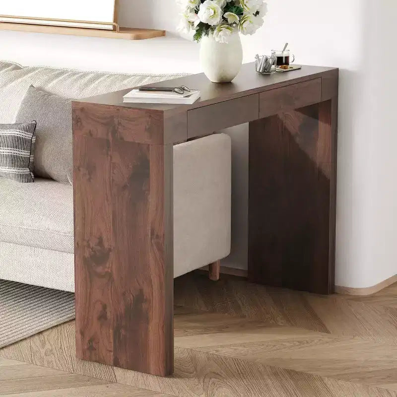 Wood Grain Texture Veneer Console Table with 2 Drawers – Farmhouse Sofa Table for Living Room & Hallway