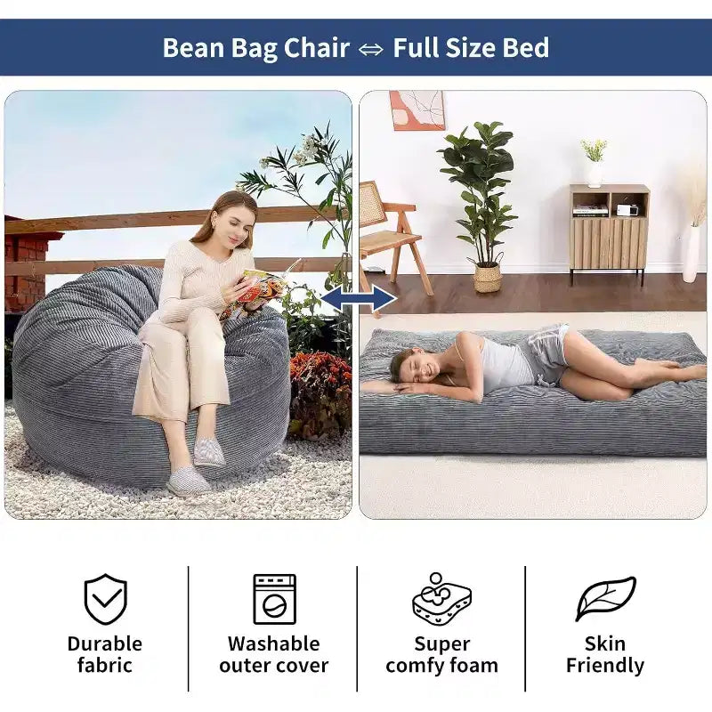 Convertible Bean Bag Chair with Washable Corduroy Cover