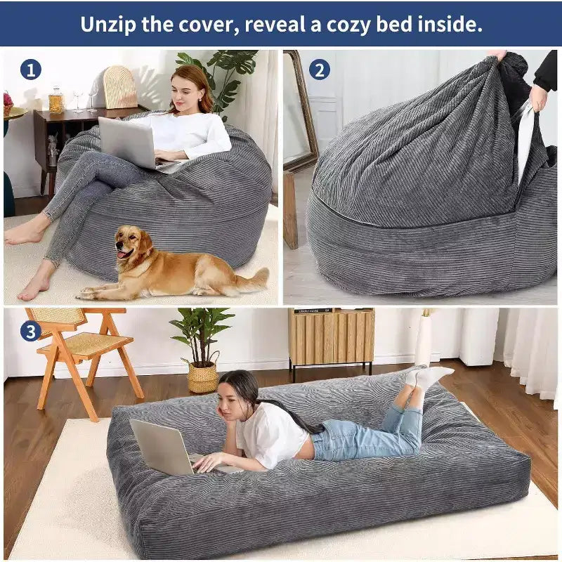 Convertible Bean Bag Chair with Washable Corduroy Cover