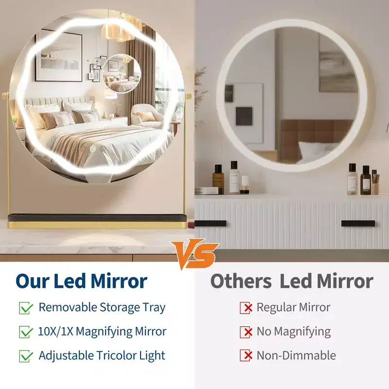 Magnifying Makeup Mirror with Adjustable Light Settings, 360° Swivel, Metal Base & Tray, Touch Control